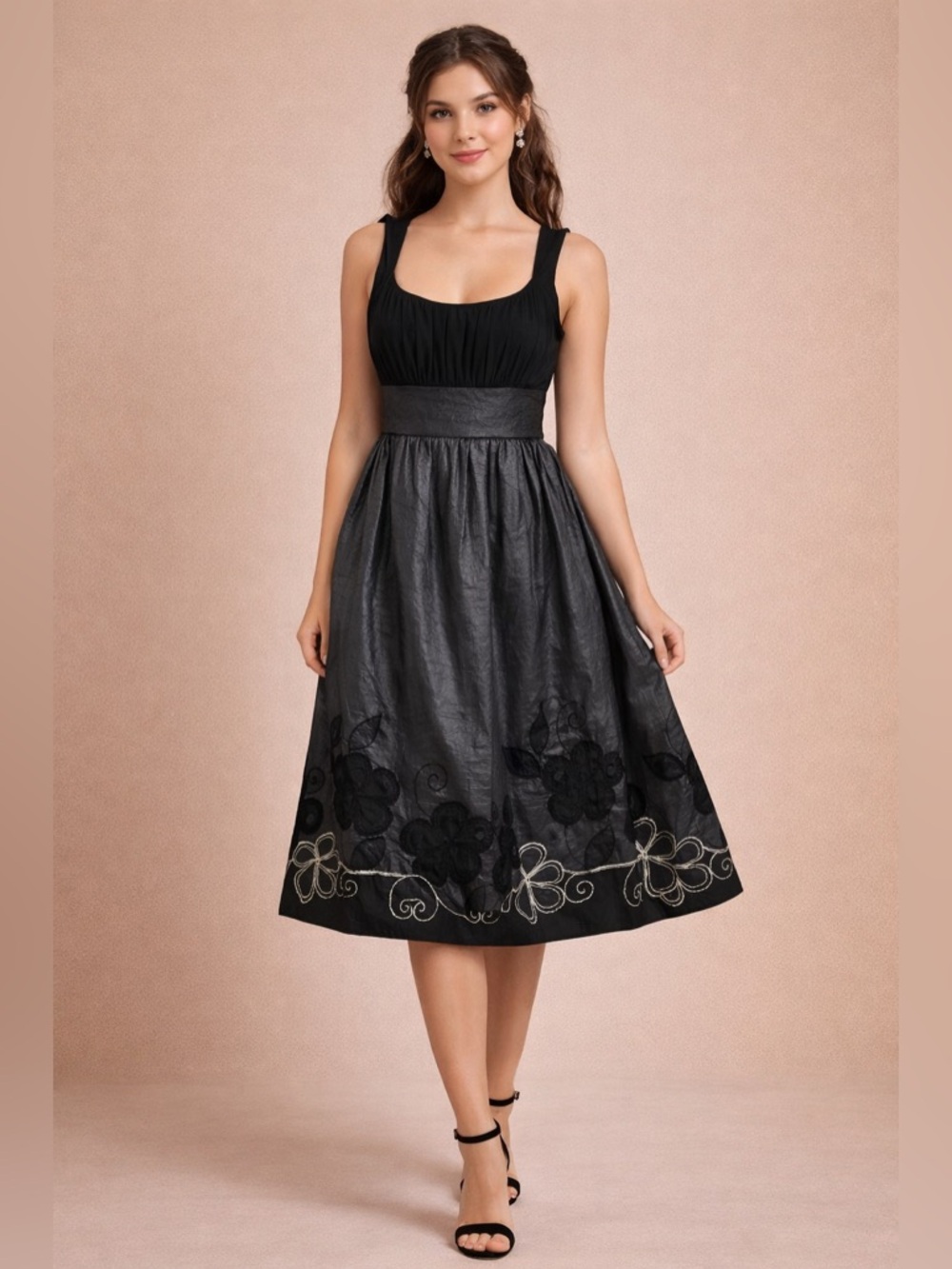 Jodi Kristopher Black/Gray Satin Empire Waist Dress Embroidered Juniors Sz 11/12